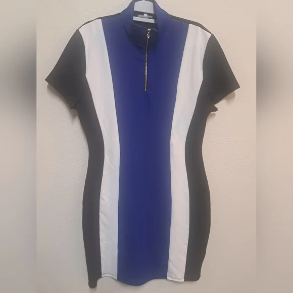 Charlotte Russe Womens XL Colorblock Bodycon Dress Blue White Black Zip - Picture 2 of 7